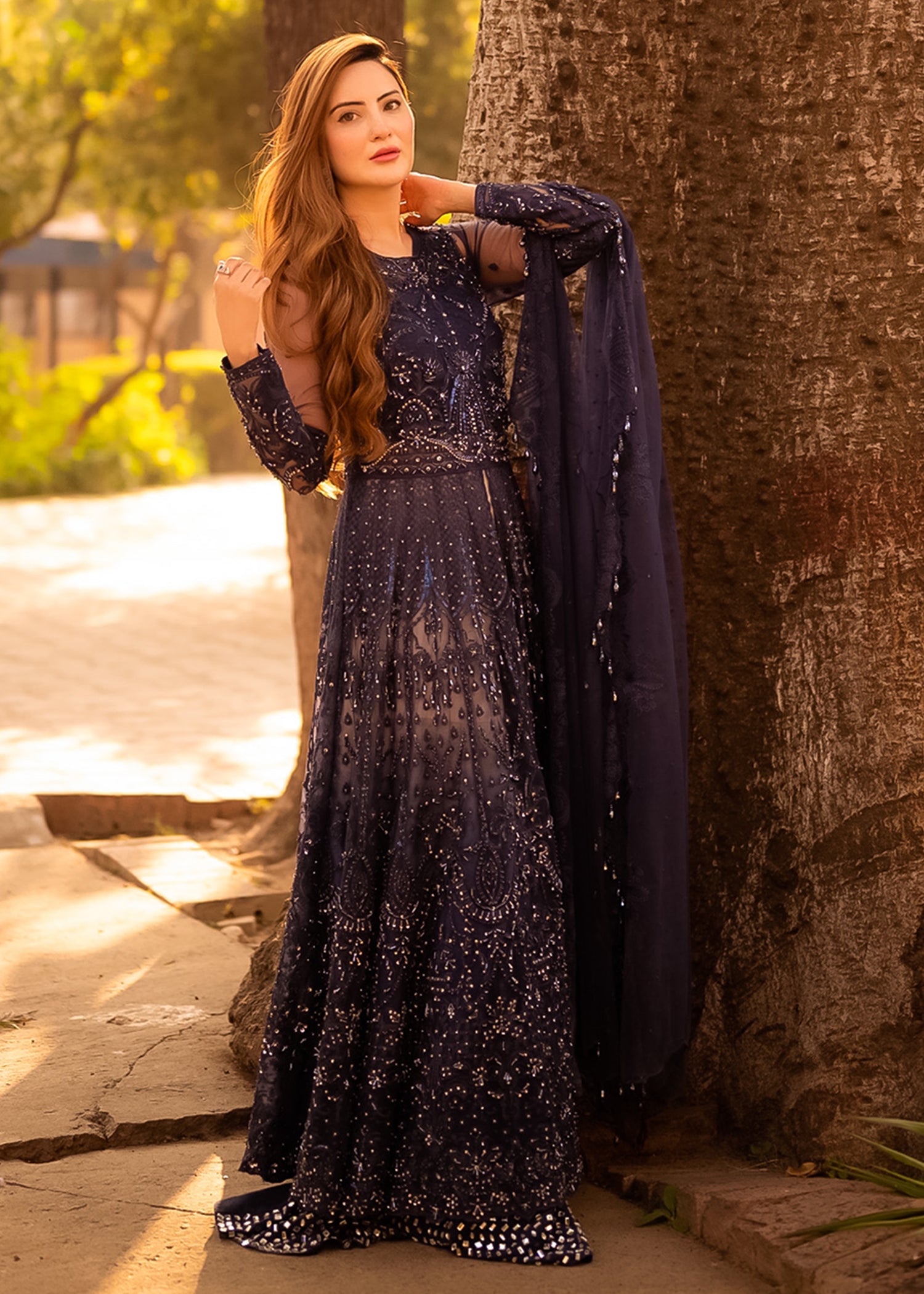 Midnight Blue Embroidered Net Anarkali Dress (2-Piece) - Image 5