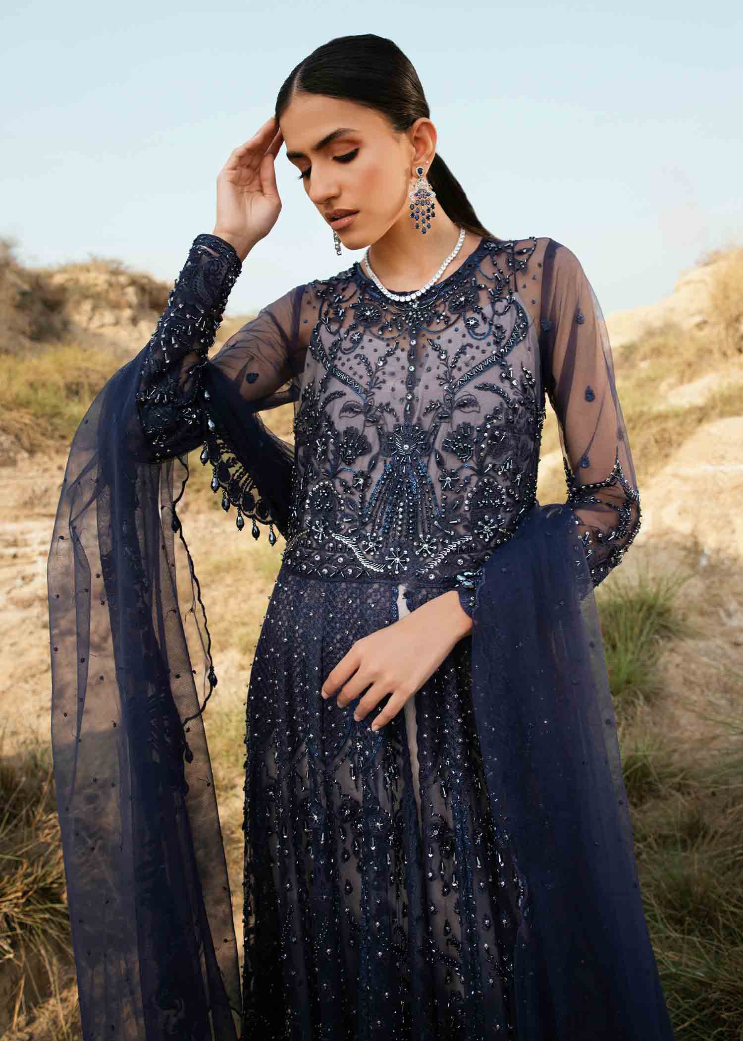 Midnight Blue Embroidered Net Anarkali Dress (2-Piece) - Image 6