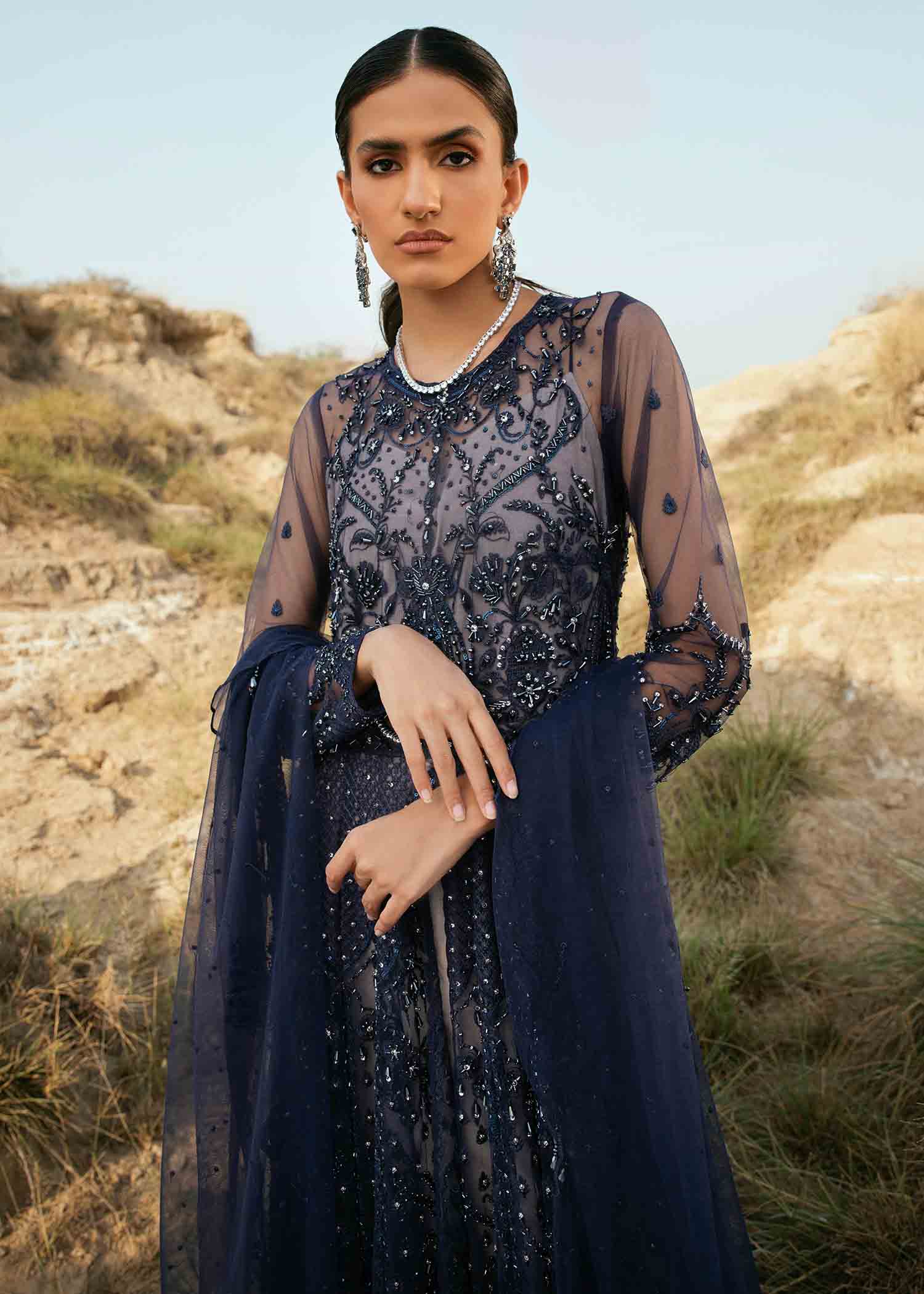 Midnight Blue Embroidered Net Anarkali Dress (2-Piece) - Image 7
