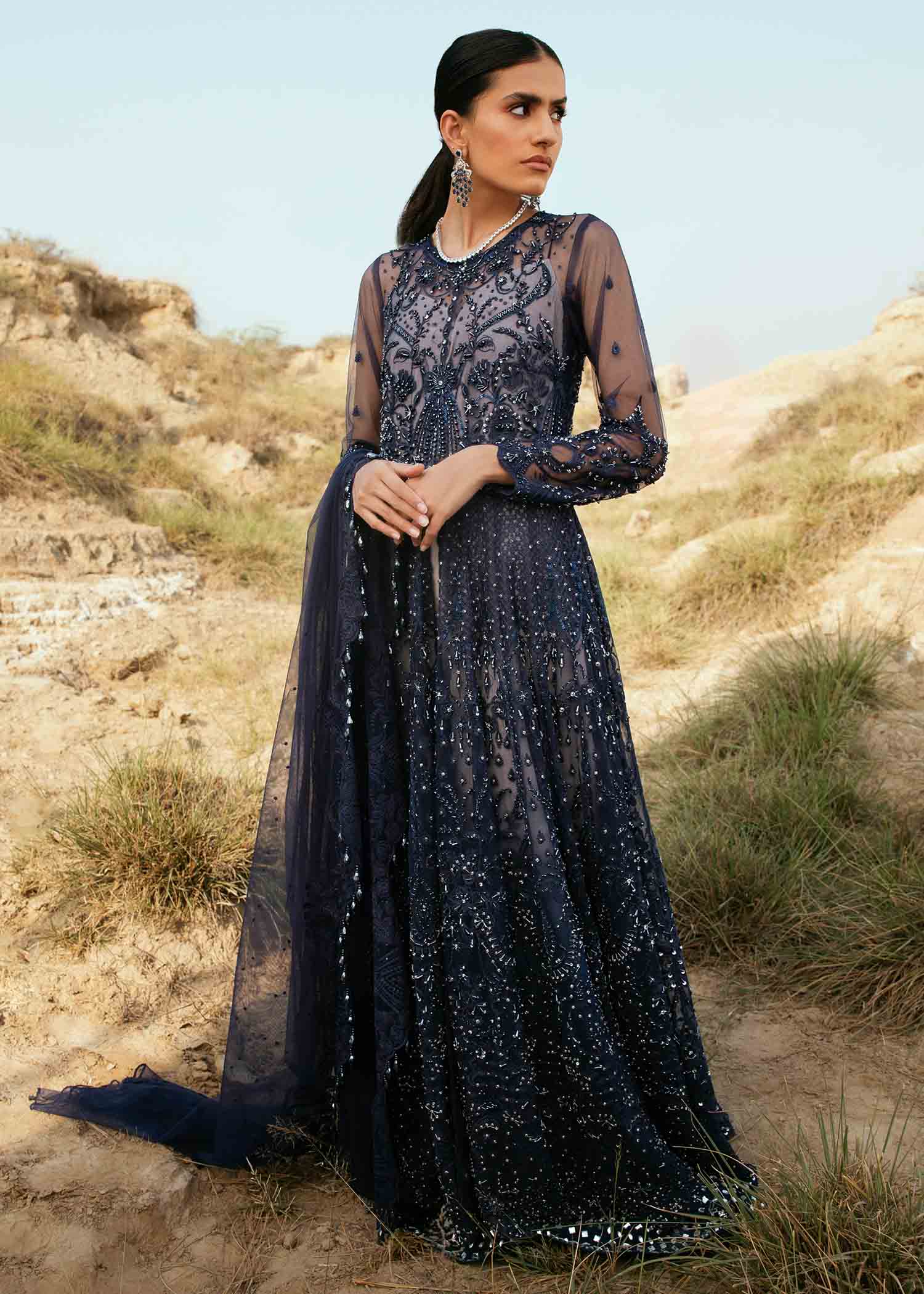 Midnight Blue Embroidered Net Anarkali Dress (2-Piece) - Image 8