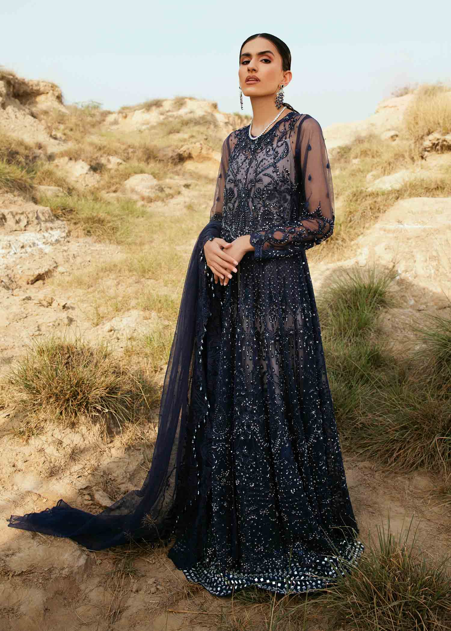 Midnight Blue Embroidered Net Anarkali Dress (2-Piece) - Image 9