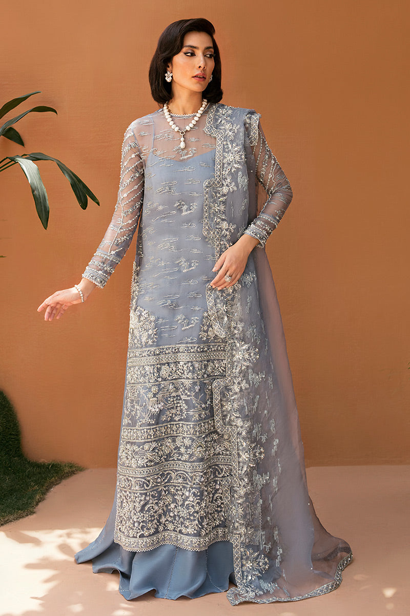 Ice Blue Hand-Embellished Organza Anarkali Dress (2-Piece) - Image 1