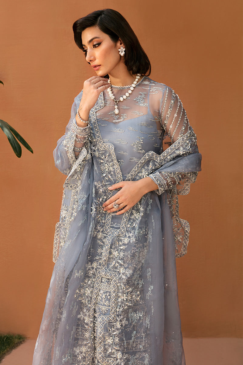 Ice Blue Hand-Embellished Organza Anarkali Dress (2-Piece) - Image 2