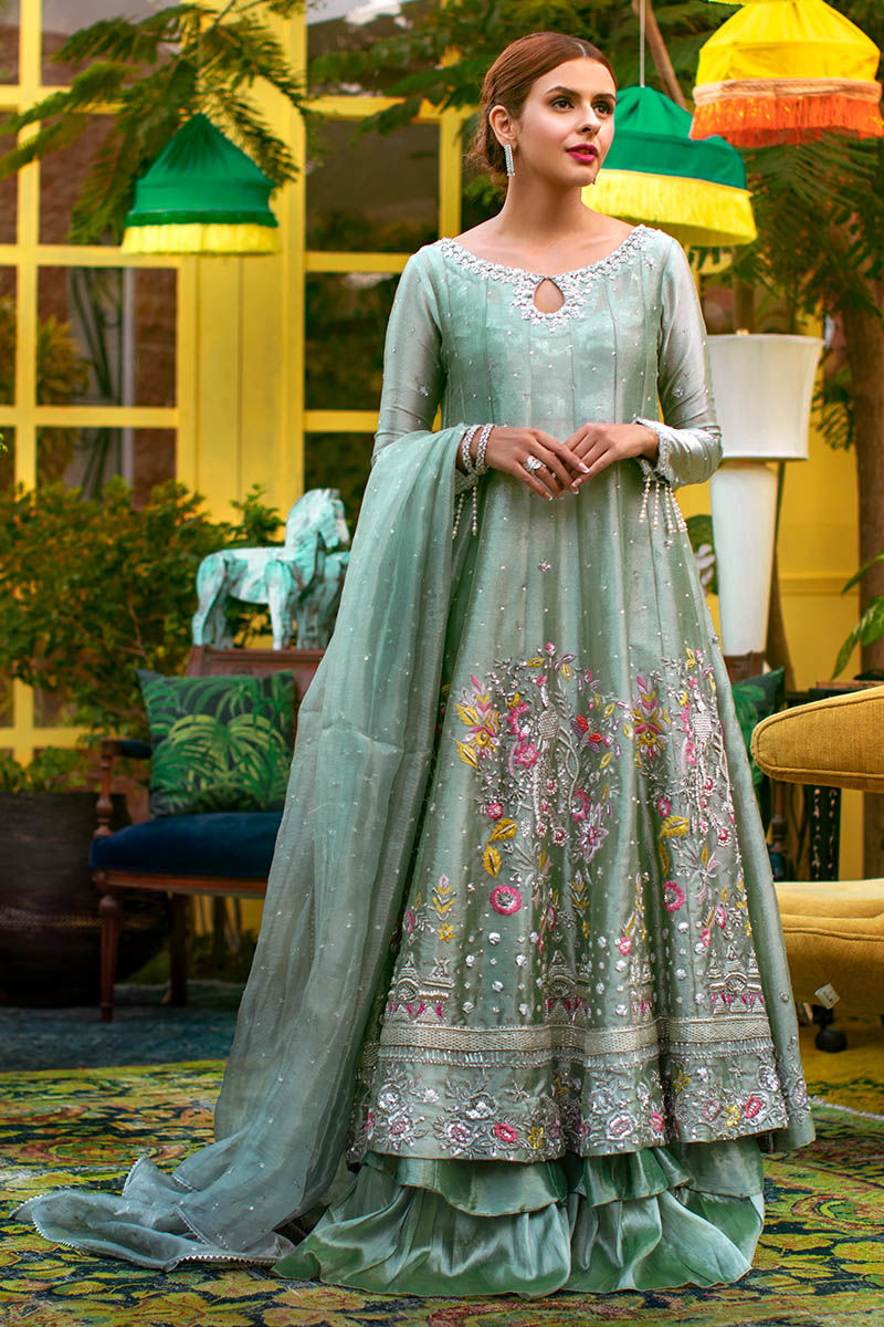 Ice Blue Embroidered Metallic Tissue Anarkali Dress (3-Piece) - Image 1