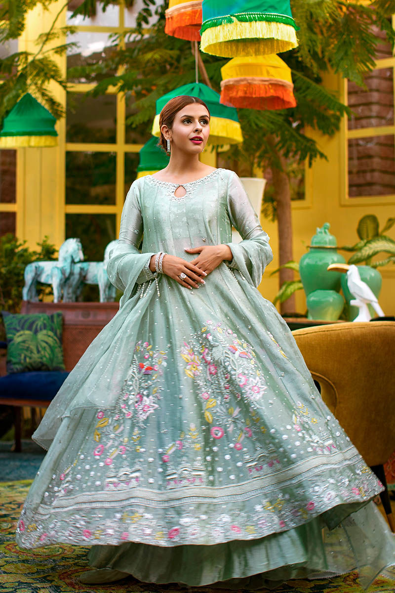 Ice Blue Embroidered Metallic Tissue Anarkali Dress (3-Piece) - Image 2