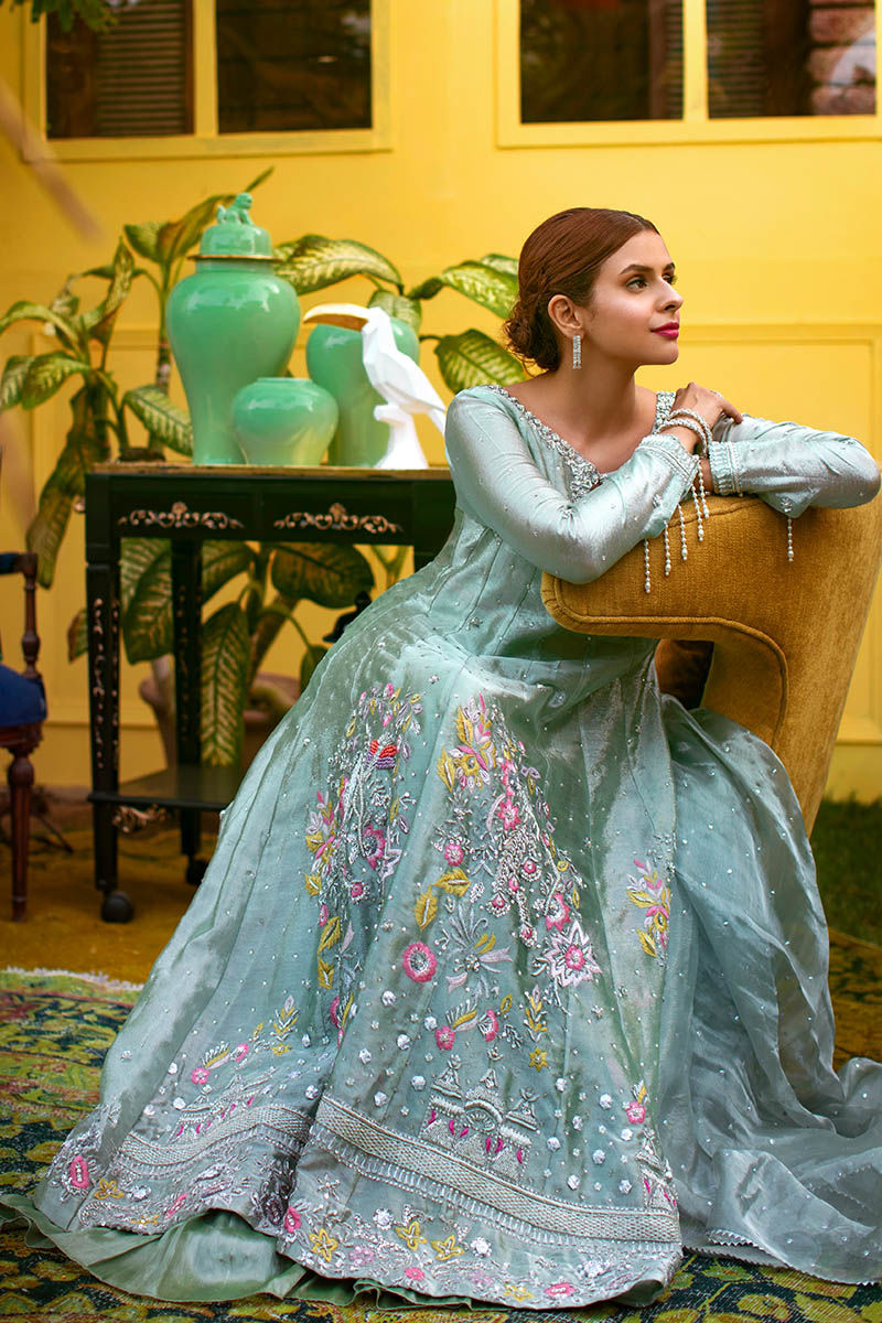 Ice Blue Embroidered Metallic Tissue Anarkali Dress (3-Piece) - Image 3