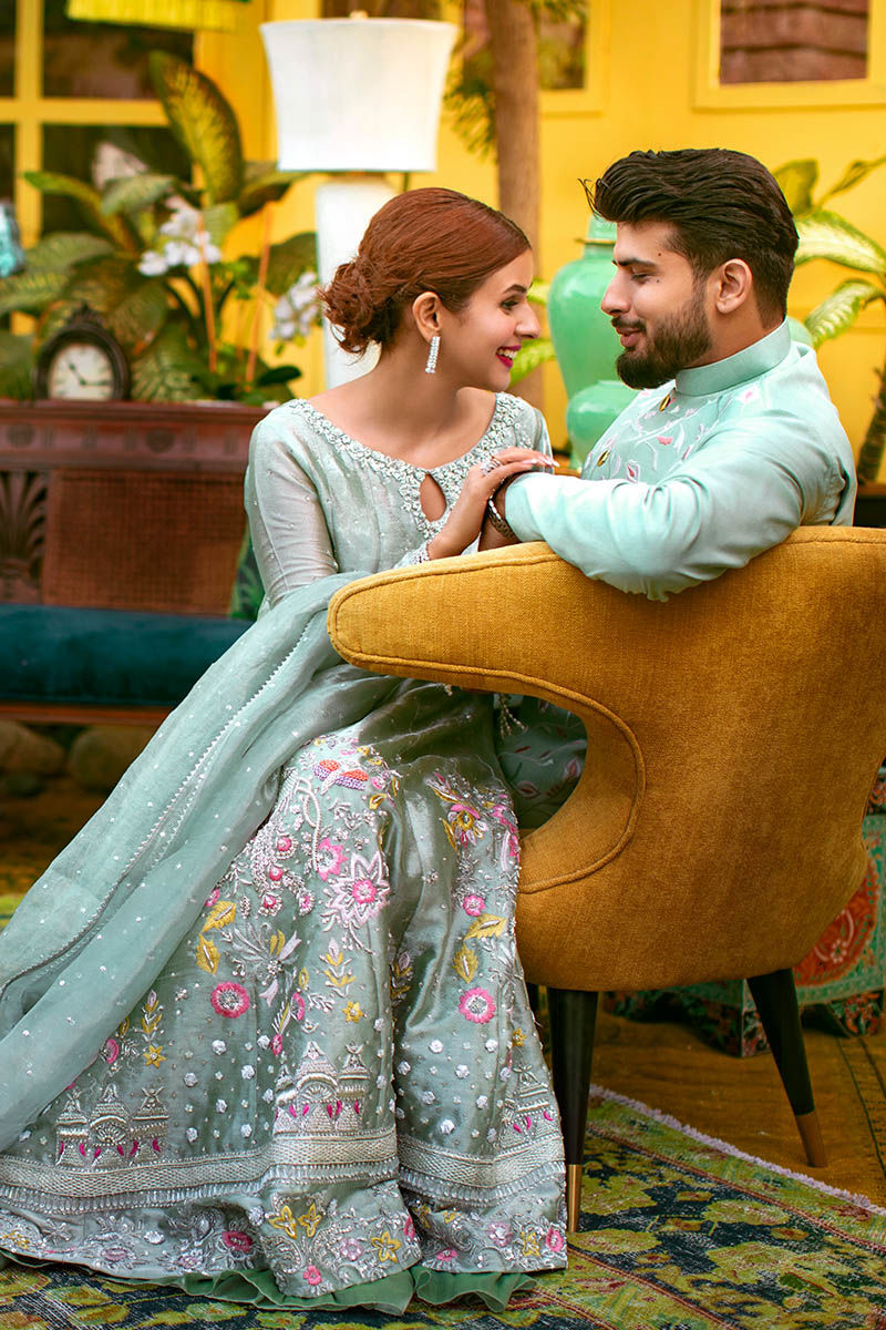 Ice Blue Embroidered Metallic Tissue Anarkali Dress (3-Piece) - Image 4