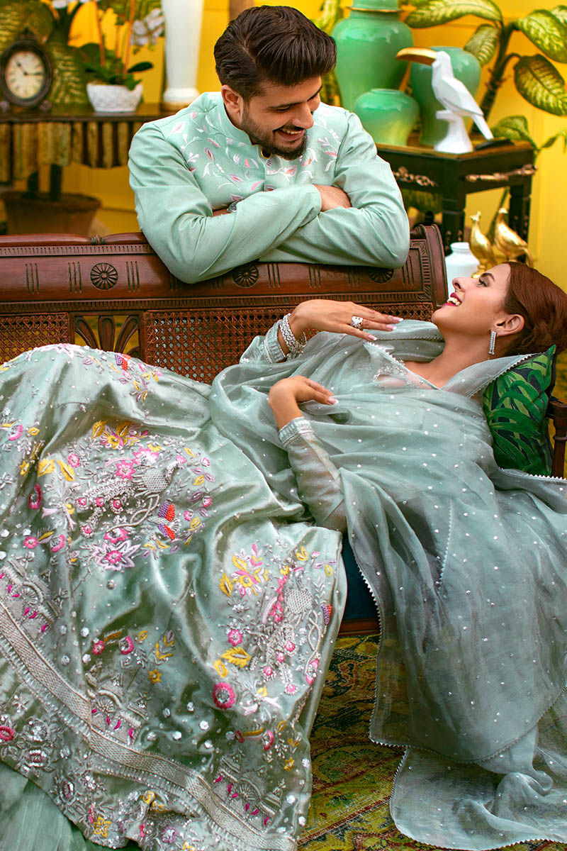 Ice Blue Embroidered Metallic Tissue Anarkali Dress (3-Piece) - Image 5