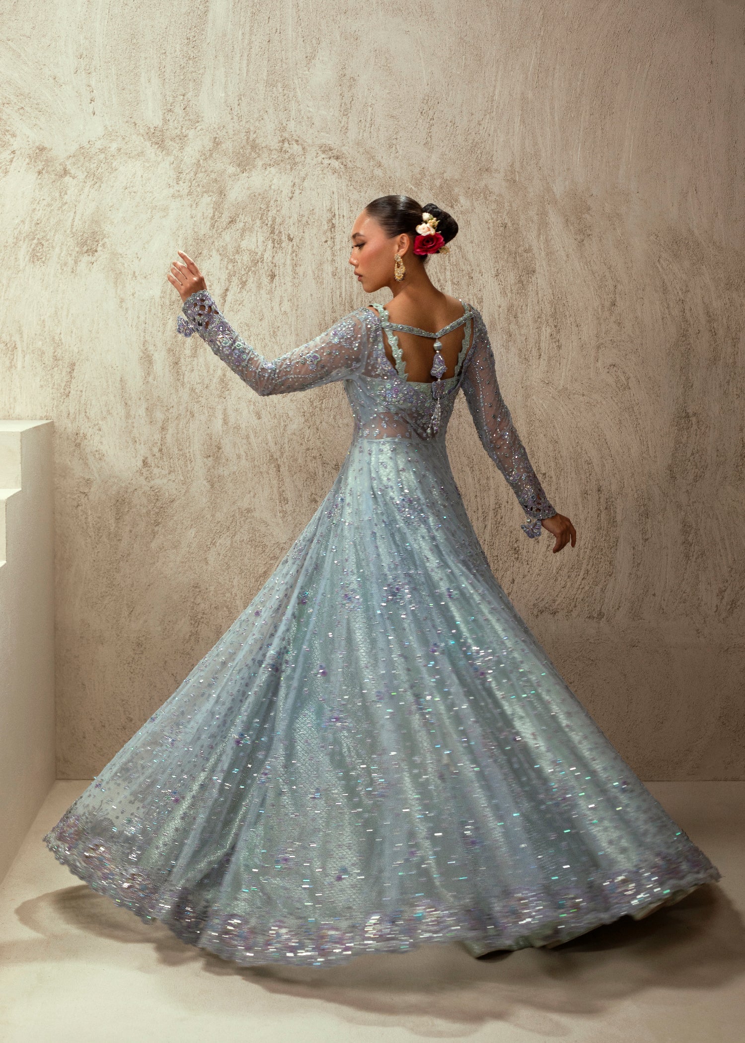 Pakistani Cornflower Blue Embroidered Net Anarkali Gown (2-Piece) - Image 2