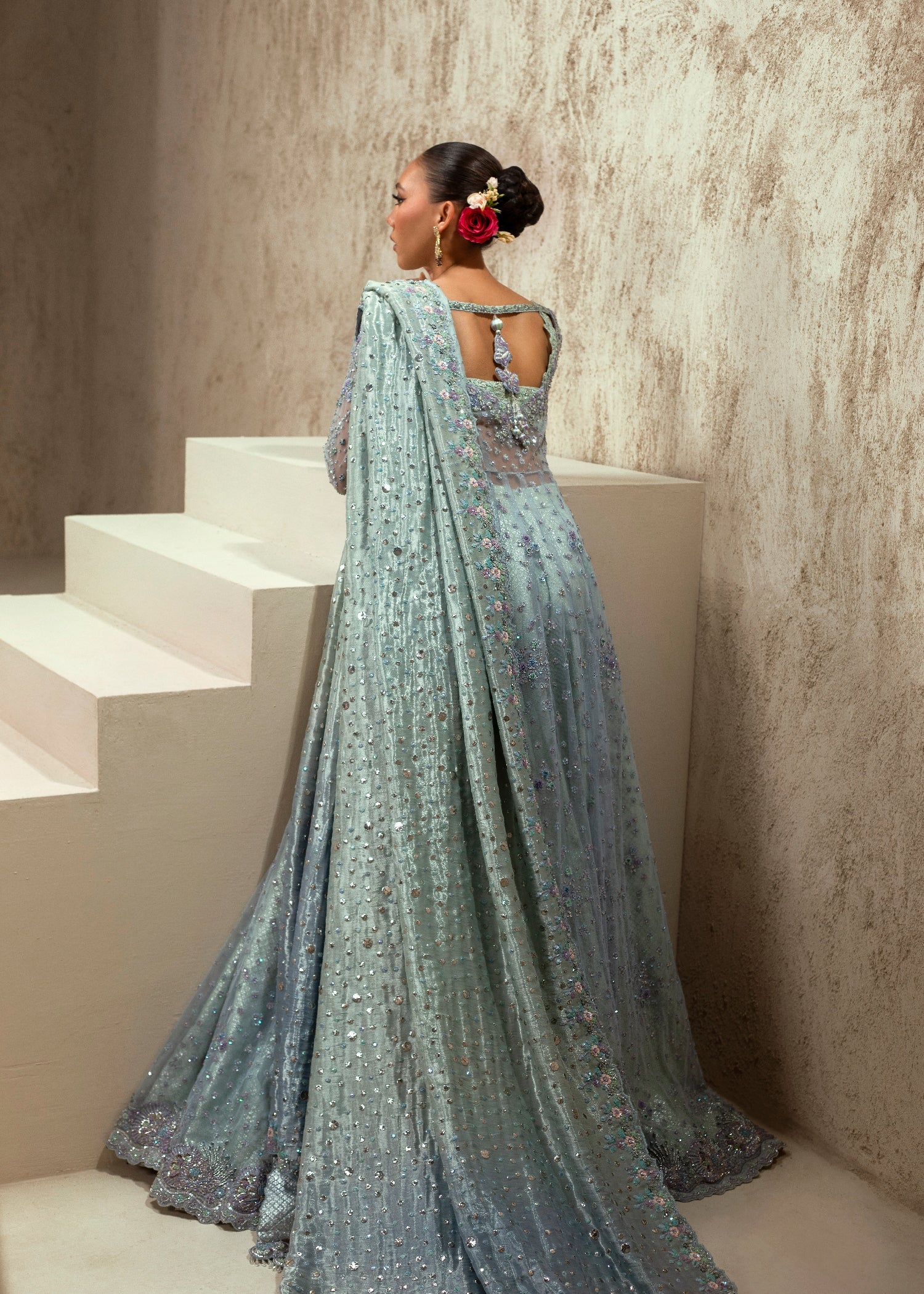 Pakistani Cornflower Blue Embroidered Net Anarkali Gown (2-Piece) - Image 3