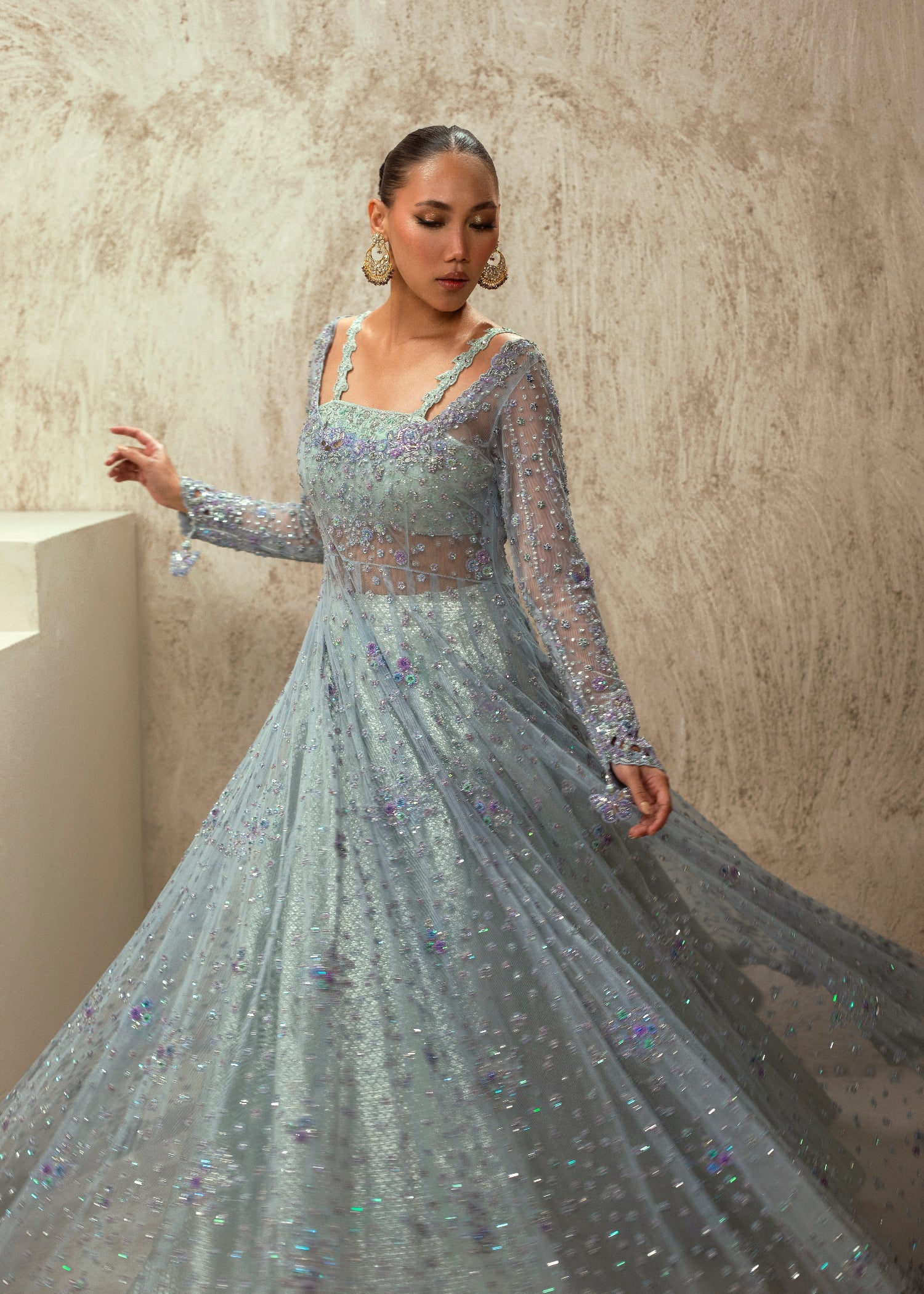 Pakistani Cornflower Blue Embroidered Net Anarkali Gown (2-Piece) - Image 4