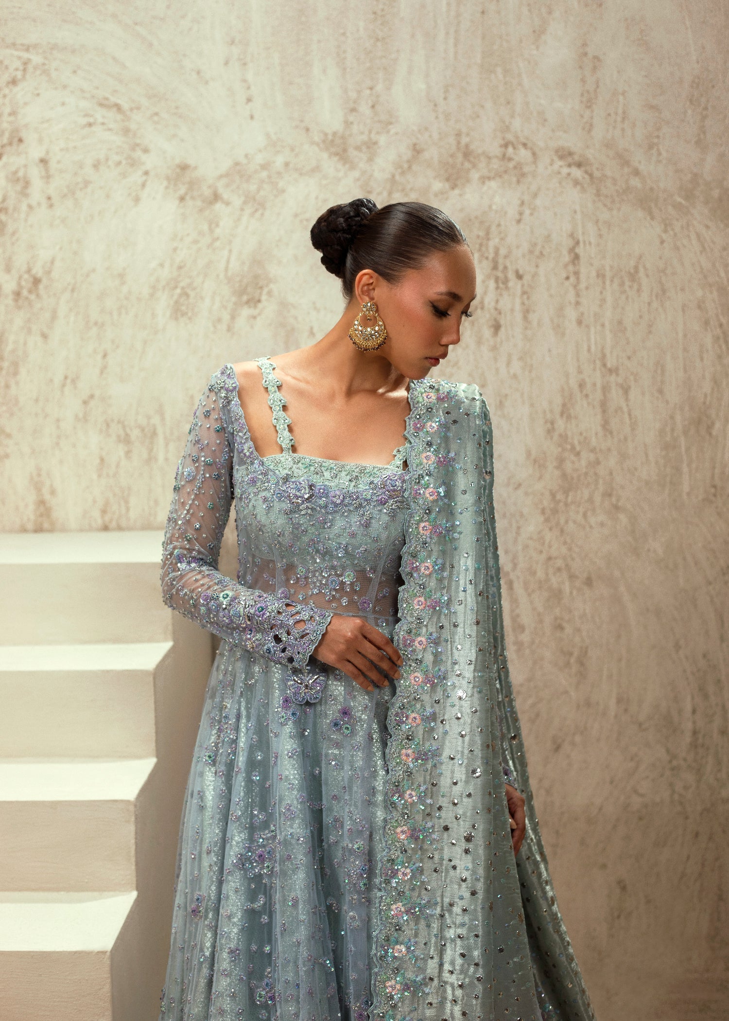 Pakistani Cornflower Blue Embroidered Net Anarkali Gown (2-Piece) - Image 5