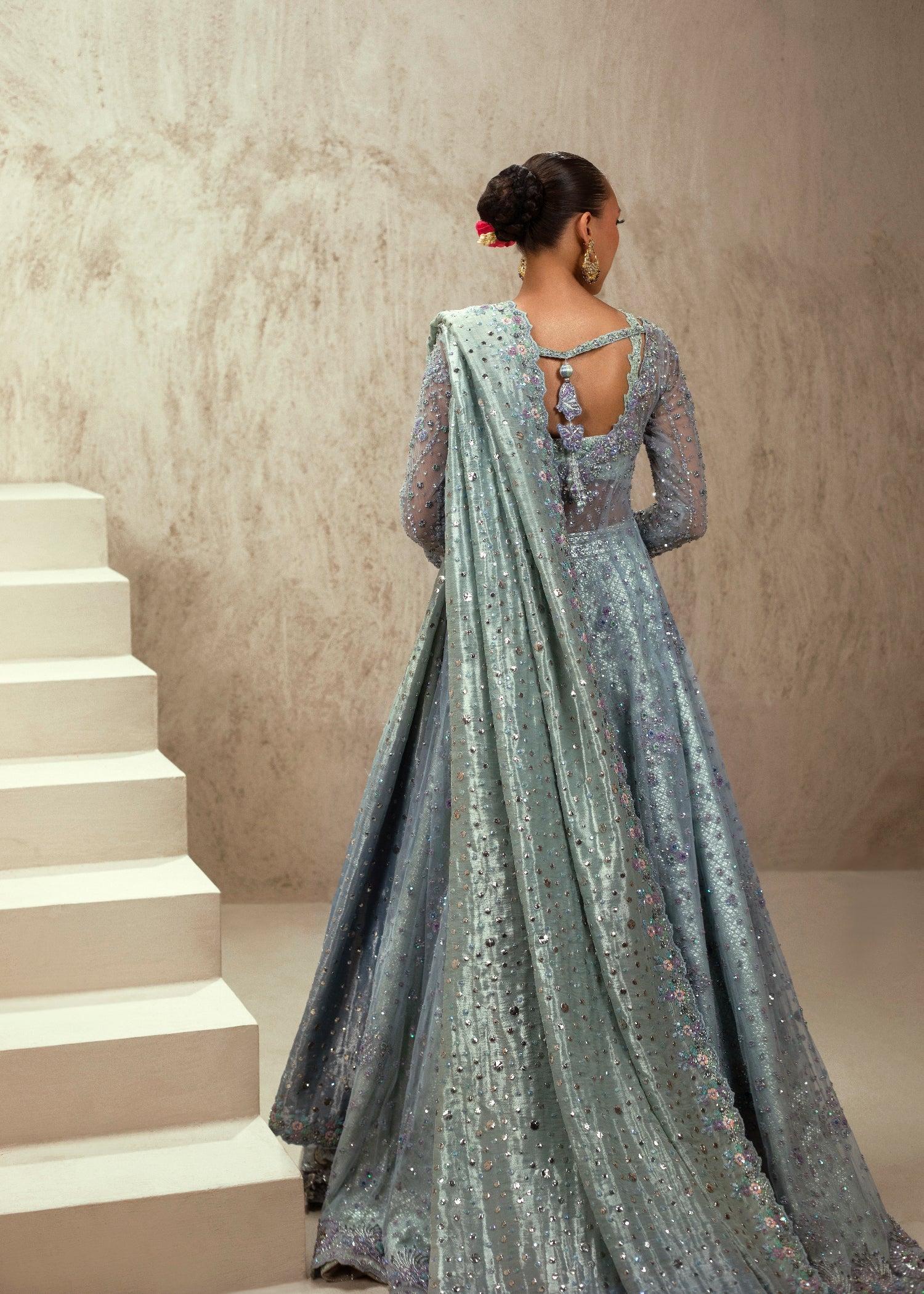 Pakistani Cornflower Blue Embroidered Net Anarkali Gown (2-Piece) - Image 6