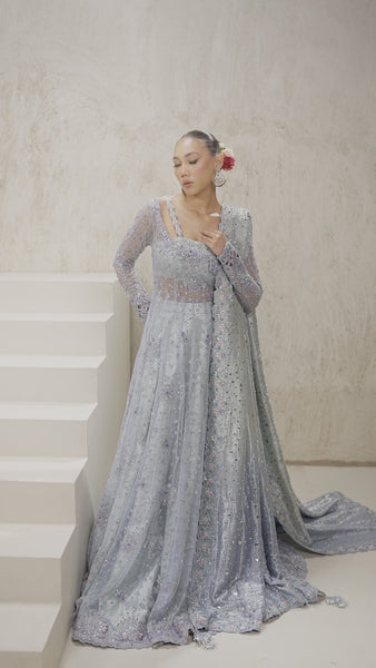 Pakistani Cornflower Blue Embroidered Net Anarkali Gown (2-Piece) - Image 7