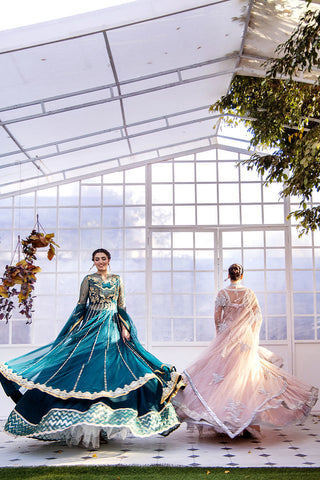 Pakistani Cerulean Blue Embroidered Net Anarkali Dress (2-Piece) - Image 11