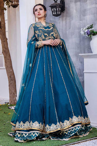 Pakistani Cerulean Blue Embroidered Net Anarkali Dress (2-Piece) - Image 3