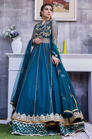 Pakistani Cerulean Blue Embroidered Net Anarkali Dress (2-Piece) - Image 4