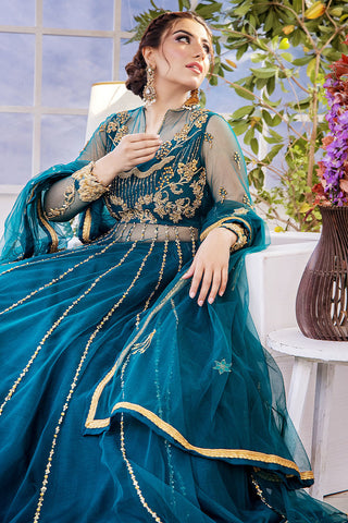 Pakistani Cerulean Blue Embroidered Net Anarkali Dress (2-Piece) - Image 6