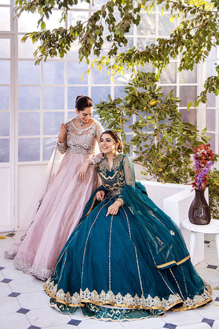 Pakistani Cerulean Blue Embroidered Net Anarkali Dress (2-Piece) - Image 9