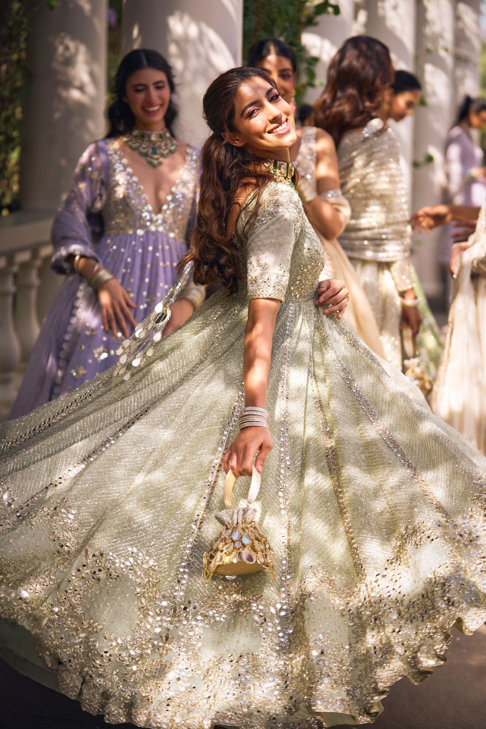 Indian Ice Blue Mirror Embroidered Net Anarkali Dress (2-Piece) - Image 3