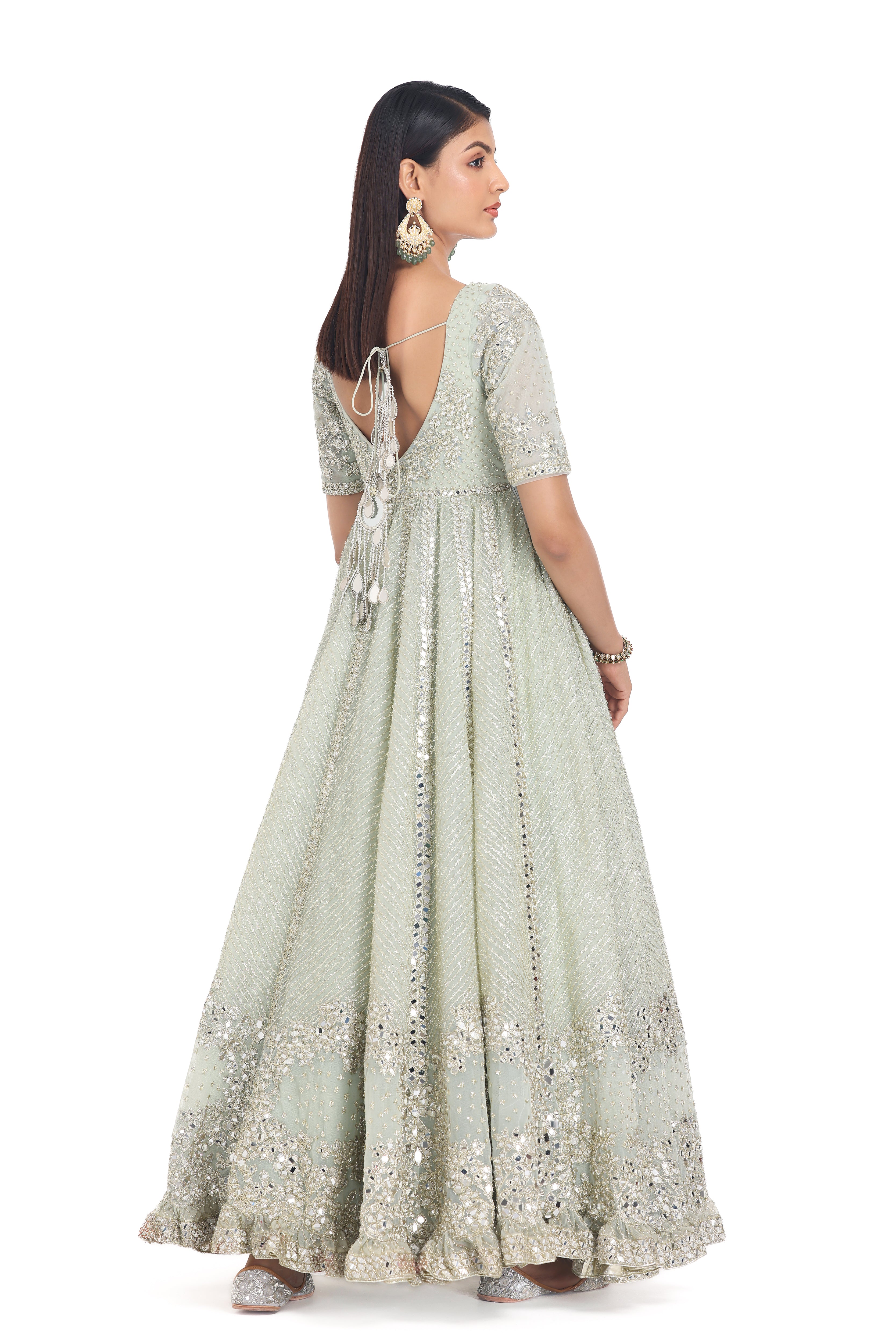 Indian Ice Blue Mirror Embroidered Net Anarkali Dress (2-Piece) - Image 6