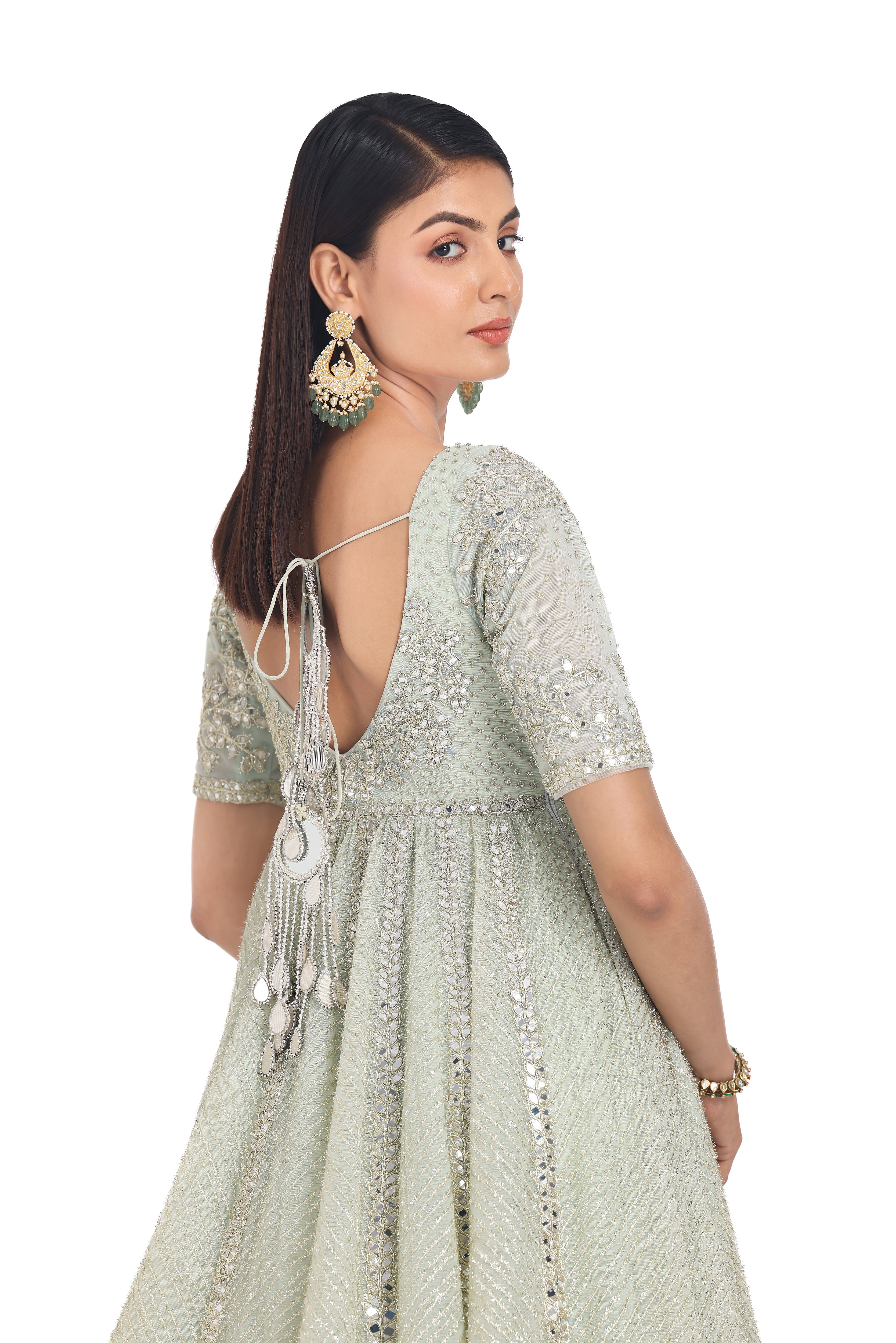 Indian Ice Blue Mirror Embroidered Net Anarkali Dress (2-Piece) - Image 7