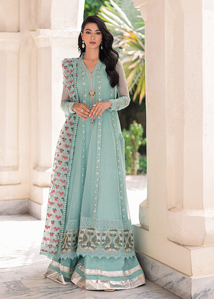 Pakistani Ice Blue Embroidered Net Organza Anarkali Dress (2-Piece) - Image 2