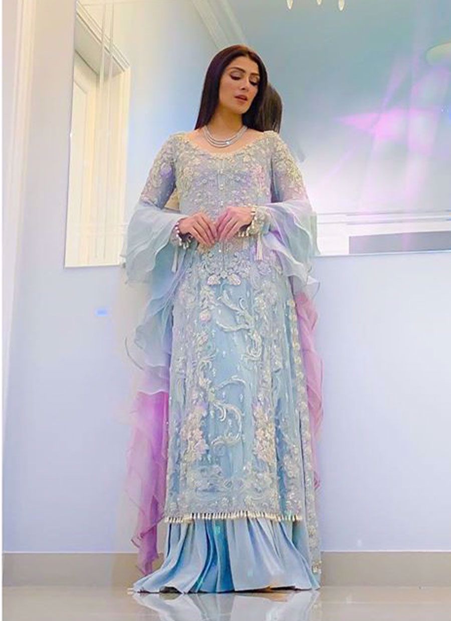 Ice Blue Silver Embroidered Net Anarkali Dress (2-Piece) - Image 4