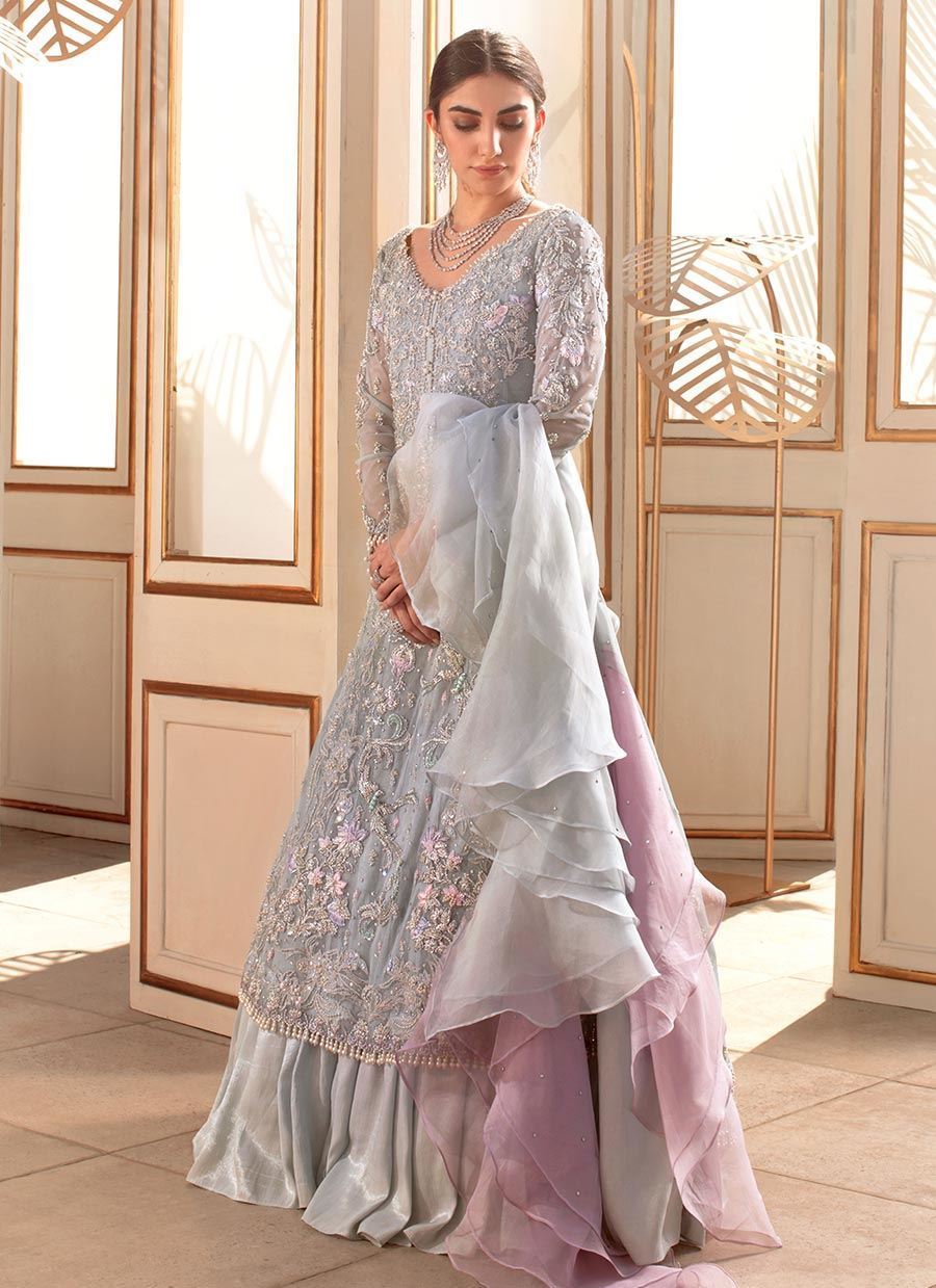 Ice Blue Silver Embroidered Net Anarkali Dress (2-Piece) - Image 5