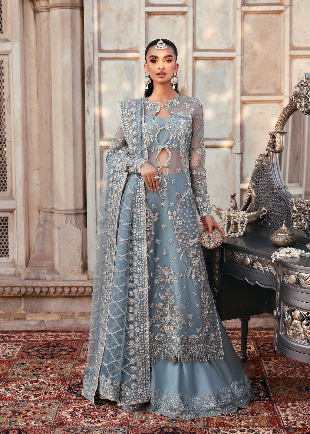 Dusty Blue Hand-Embellished Organza Anarkali (2-Piece) - Image 1