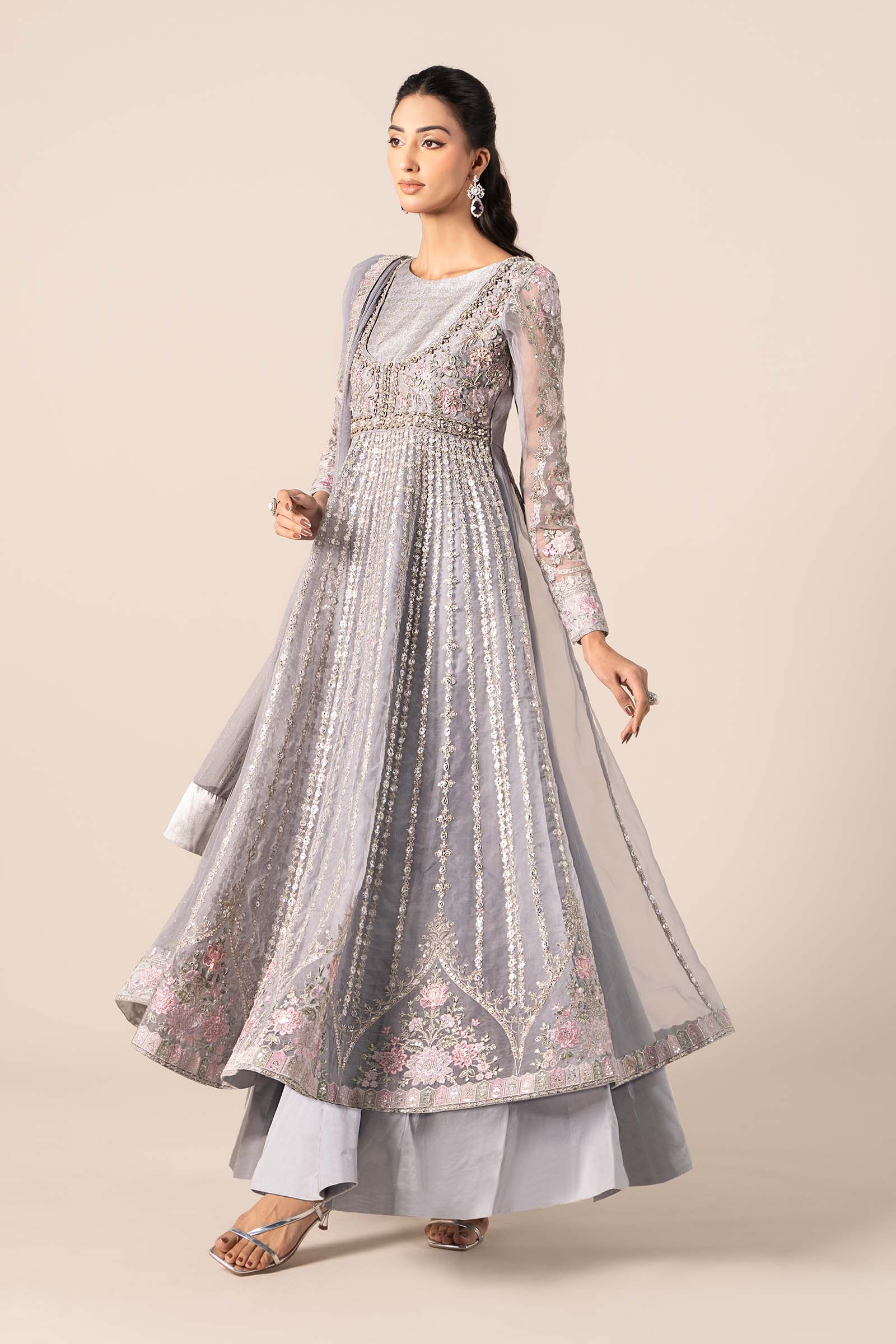 Pakistani Ice Blue Embroidered Organza Anarkali Dress (3-Piece) - Image 10