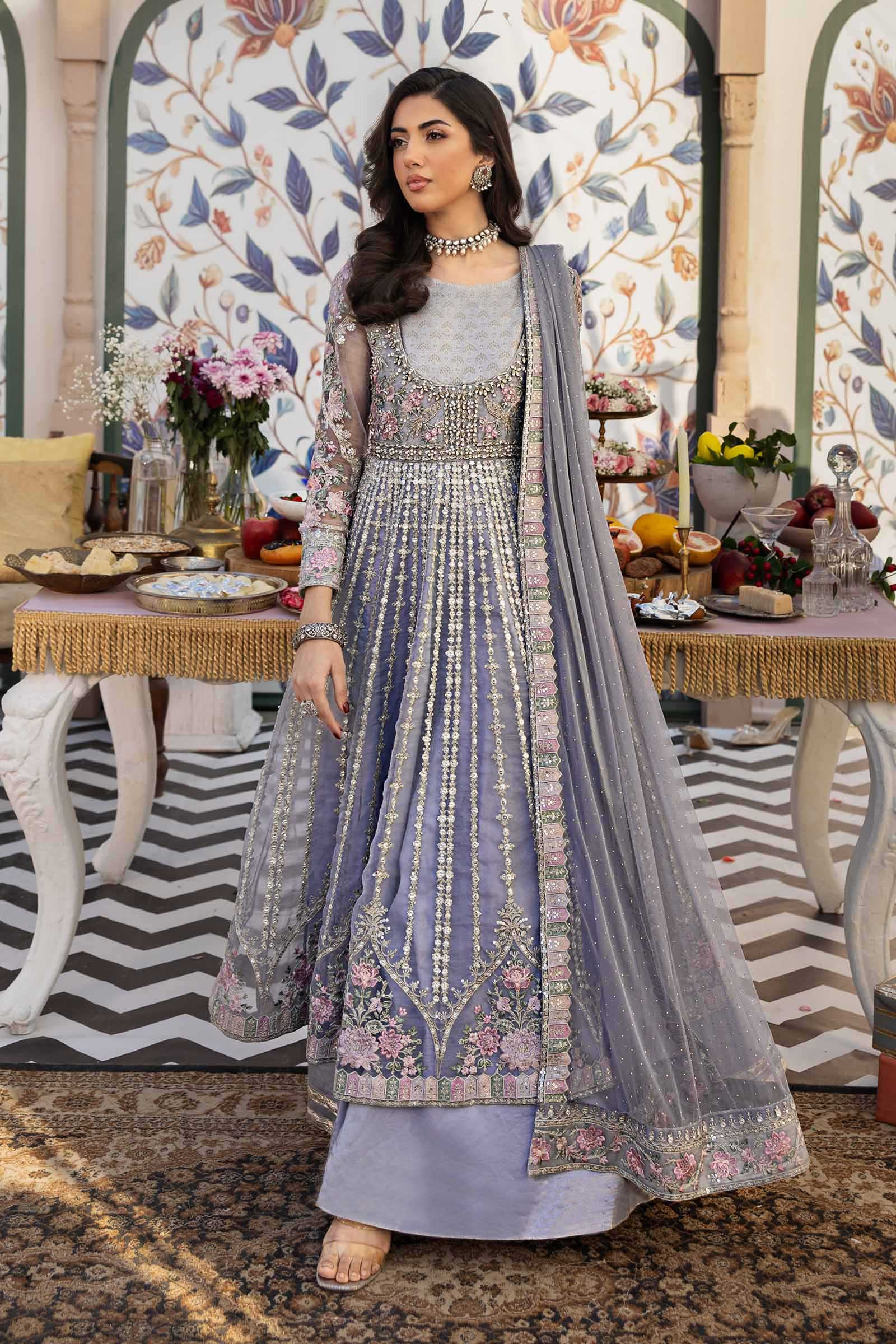 Pakistani Ice Blue Embroidered Organza Anarkali Dress (3-Piece) - Image 2