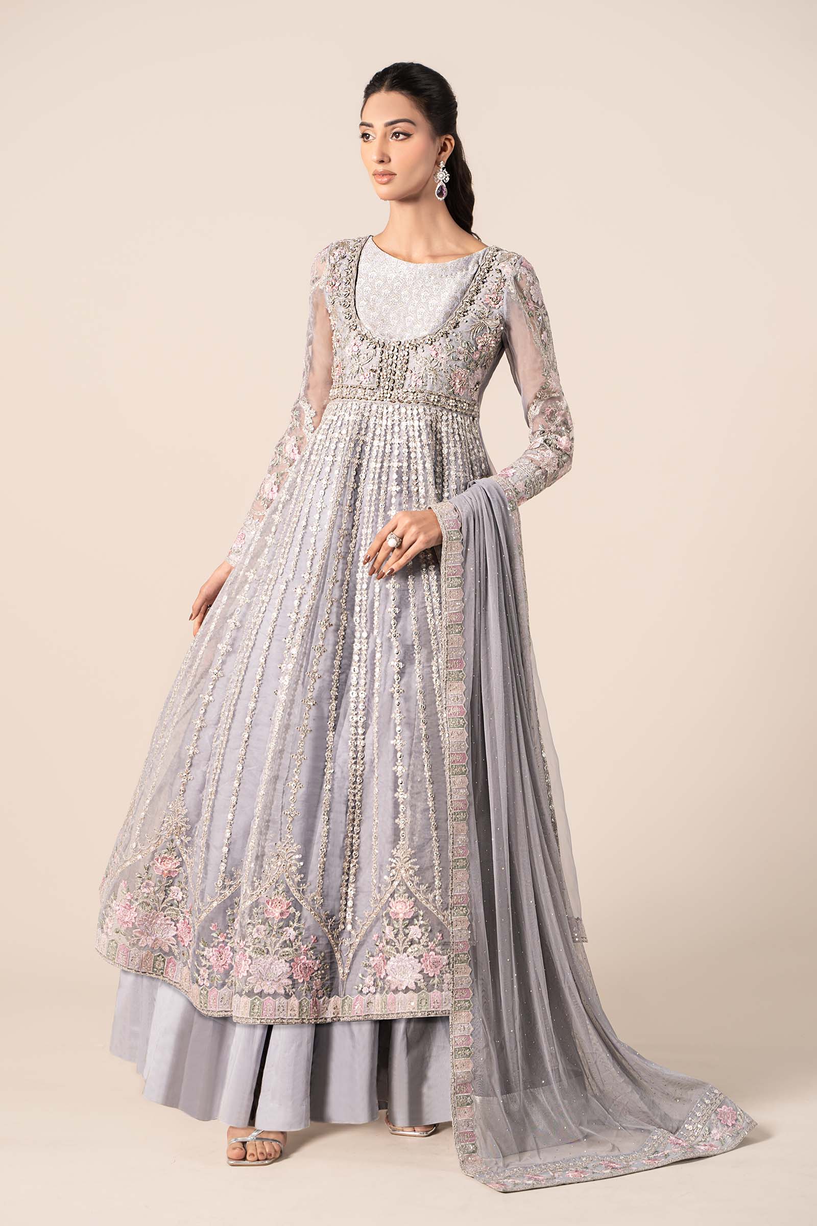 Pakistani Ice Blue Embroidered Organza Anarkali Dress (3-Piece) - Image 3