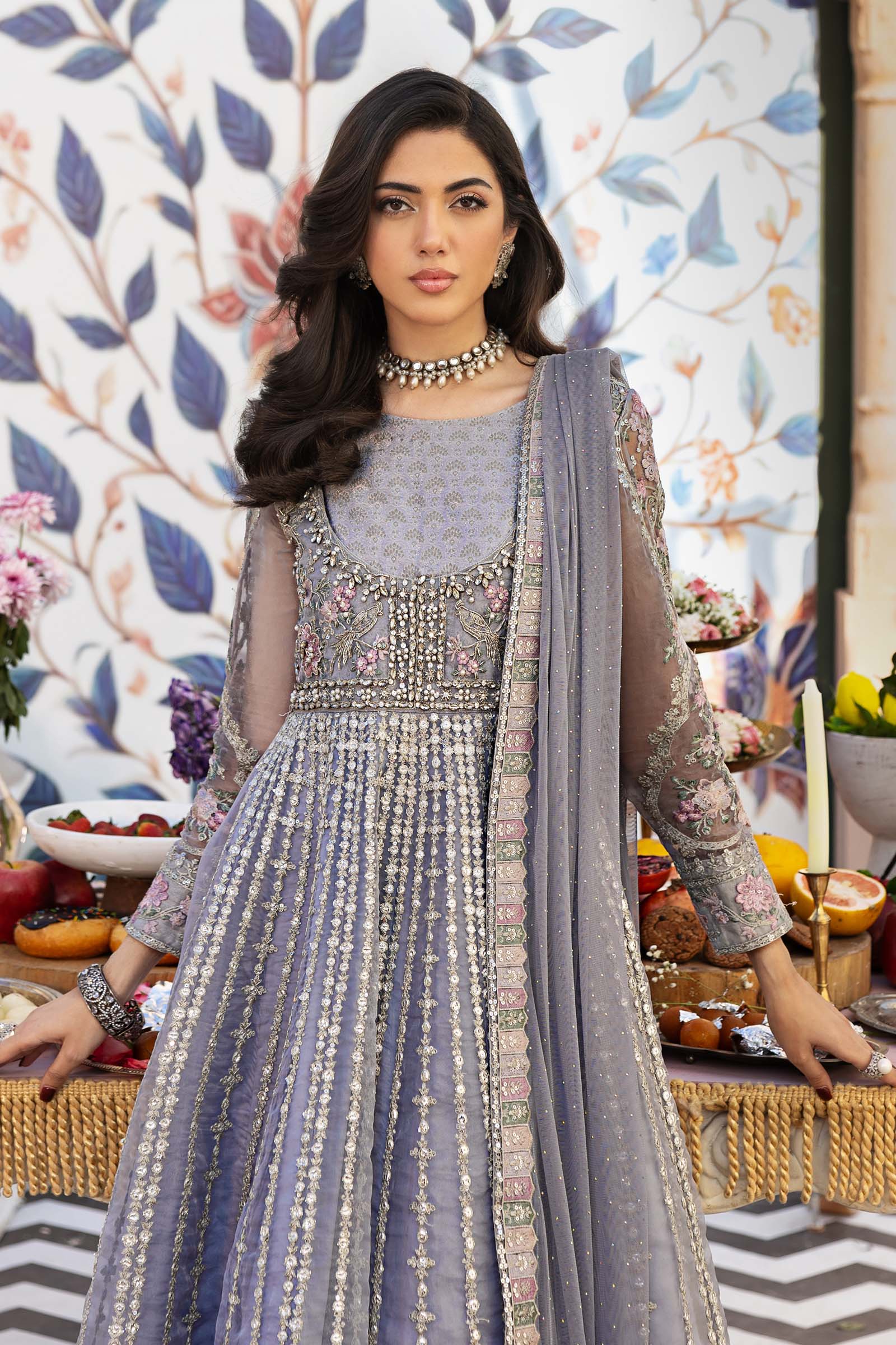 Pakistani Ice Blue Embroidered Organza Anarkali Dress (3-Piece) - Image 4