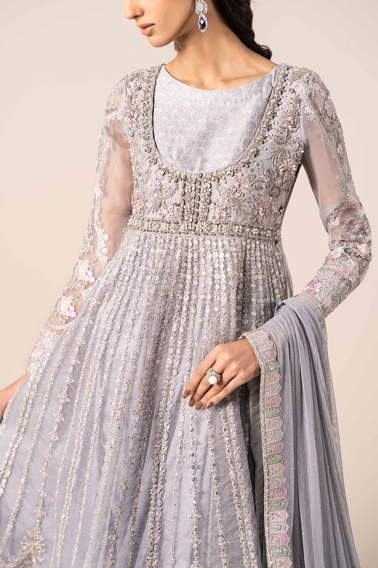 Pakistani Ice Blue Embroidered Organza Anarkali Dress (3-Piece) - Image 5