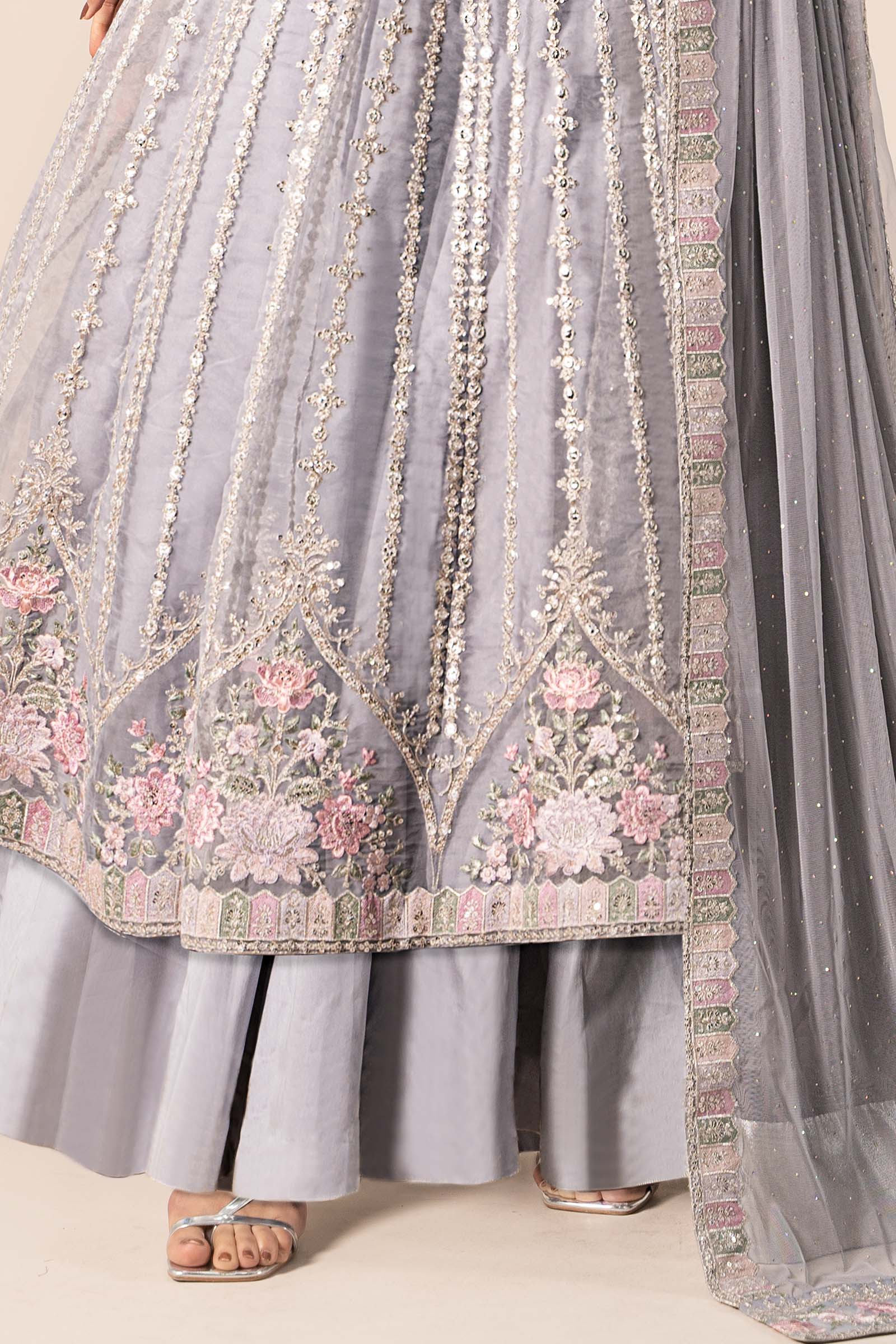 Pakistani Ice Blue Embroidered Organza Anarkali Dress (3-Piece) - Image 6