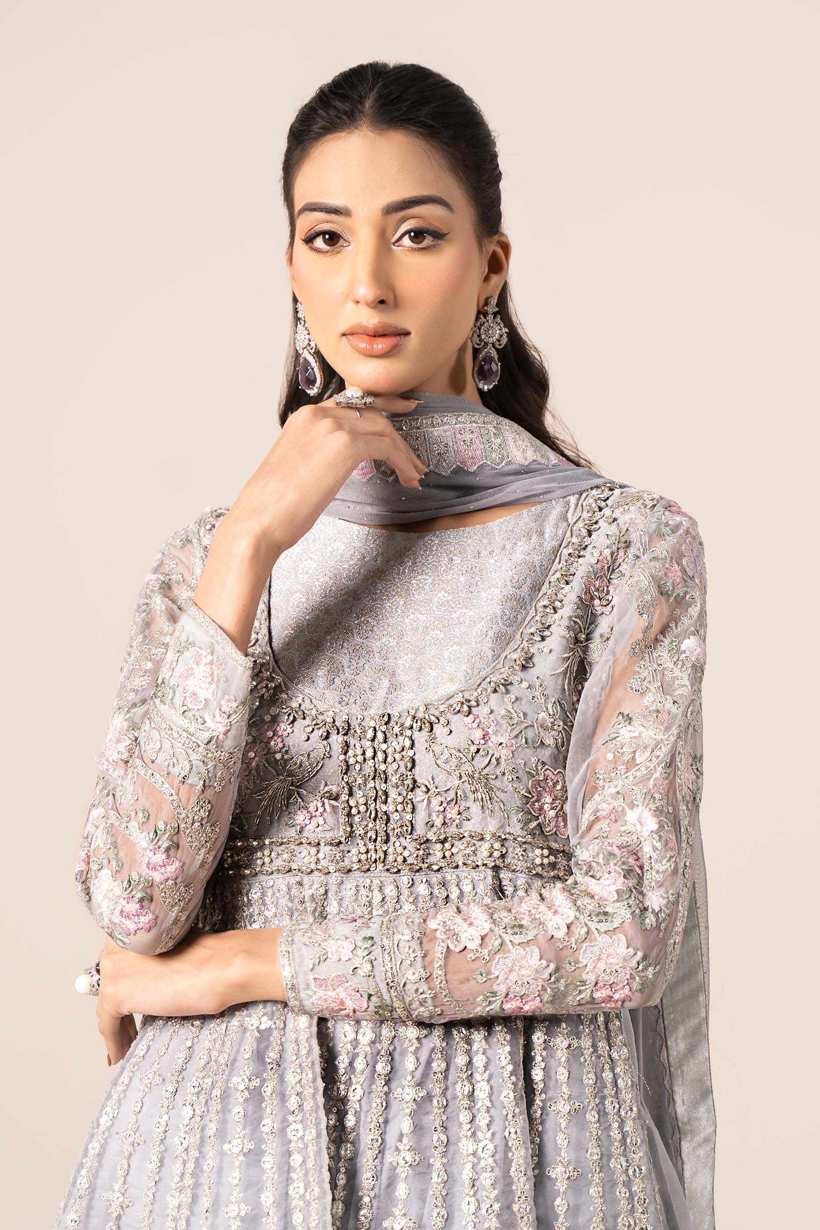 Pakistani Ice Blue Embroidered Organza Anarkali Dress (3-Piece) - Image 8