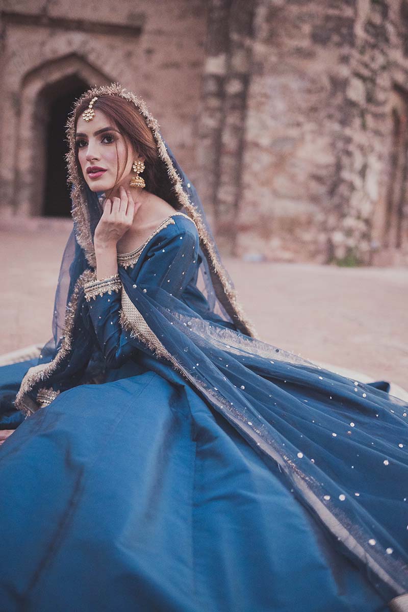 Pakistani Deep Blue Embroidered Raw Silk Anarkali Dress (2-Piece) - Image 2