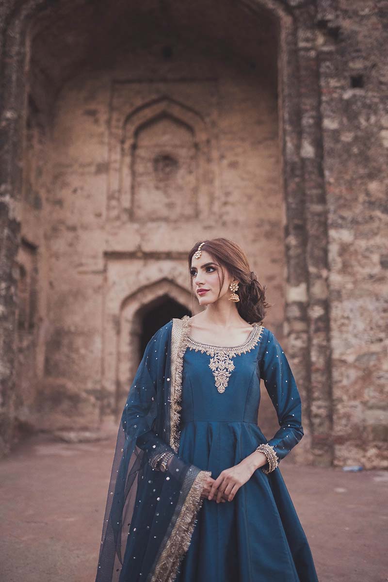 Pakistani Deep Blue Embroidered Raw Silk Anarkali Dress (2-Piece) - Image 4