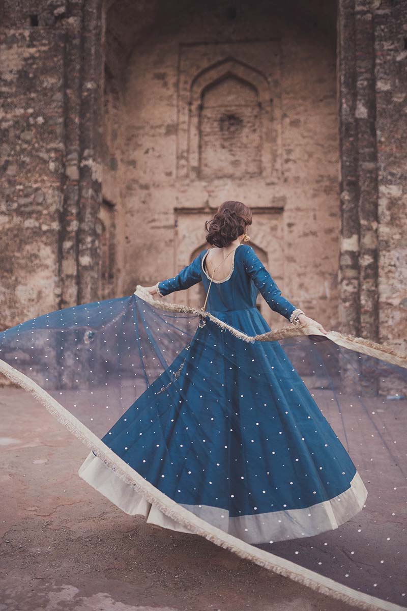 Pakistani Deep Blue Embroidered Raw Silk Anarkali Dress (2-Piece) - Image 5