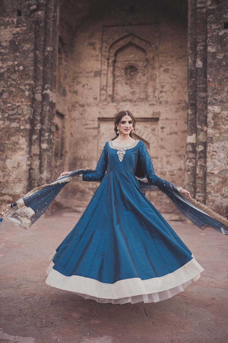 Pakistani Deep Blue Embroidered Raw Silk Anarkali Dress (2-Piece) - Image 6