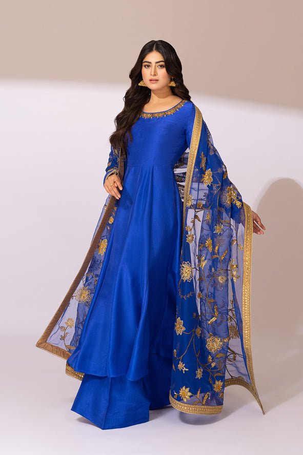 Royal Blue Embroidered Raw Silk Anarkali Dress (3-Piece) - Image 2