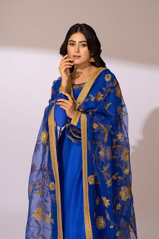 Royal Blue Embroidered Raw Silk Anarkali Dress (3-Piece) - Image 3