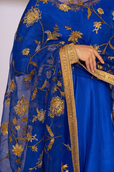 Royal Blue Embroidered Raw Silk Anarkali Dress (3-Piece) - Image 5