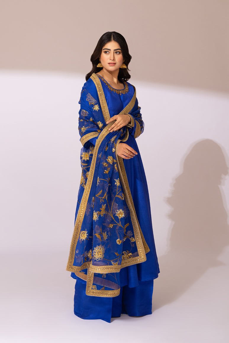 Royal Blue Embroidered Raw Silk Anarkali Dress (3-Piece) - Image 6