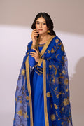 Royal Blue Embroidered Raw Silk Anarkali Dress (3-Piece) - Image 3