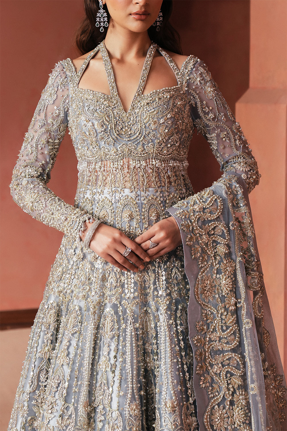 Moonlight Blue Naqshi Dabka Tissue Anarkali (2-Piece) - Image 4
