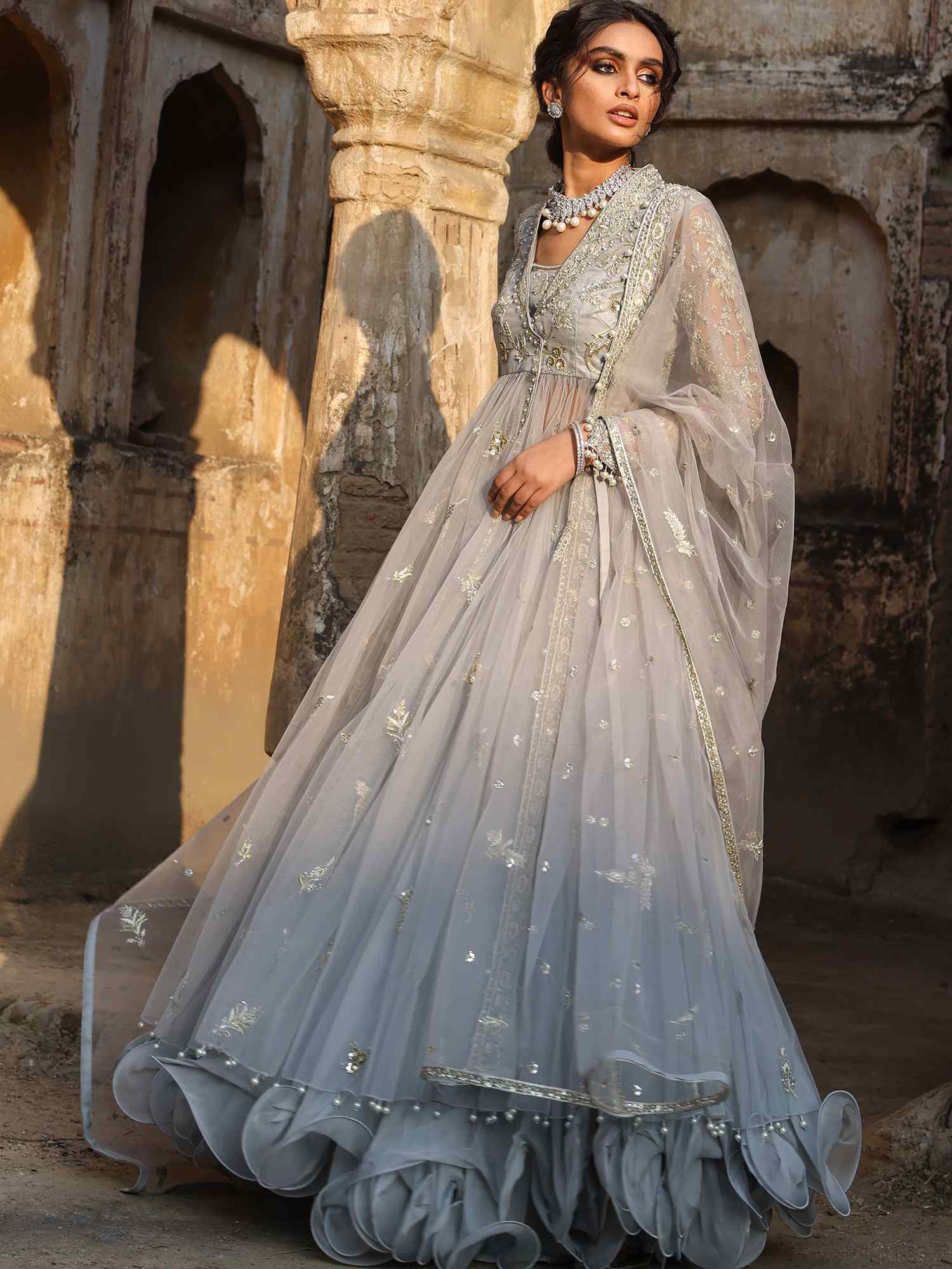 Pakistani Ice Blue Embroidered Net & Chiffon Angarkha (3-Piece) - Image 1