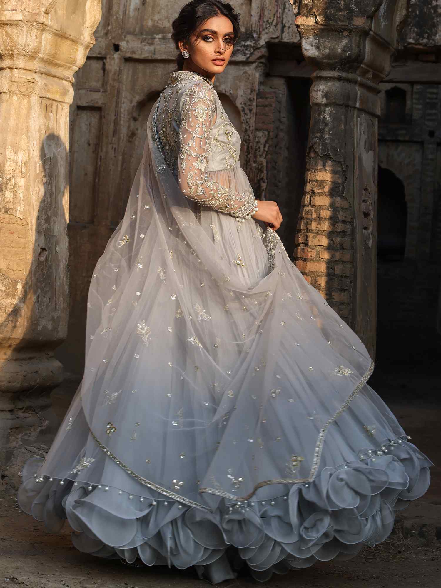 Pakistani Ice Blue Embroidered Net & Chiffon Angarkha (3-Piece) - Image 3