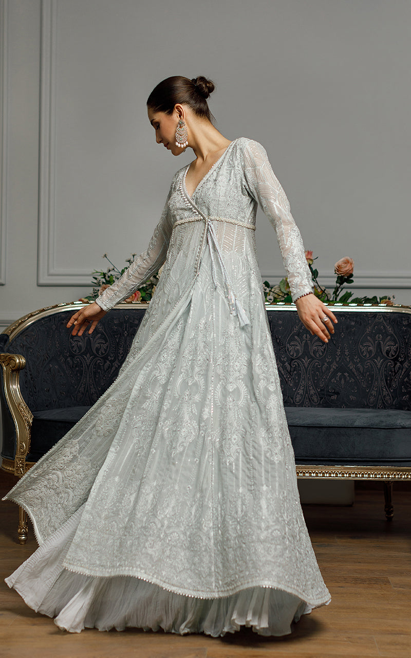 Pakistani Light Blue Embroidered Chiffon Angrakha Dress (2-Piece) - Image 1